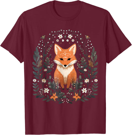 Cottagecore Floral Fox Aesthetic Art Foxes Lover Women Girls T-Shirt - T-Shirt | Maroon