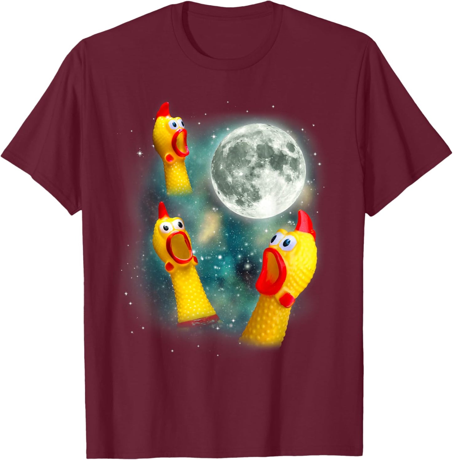 Three Rubber Chicken Moon Funny Screaming Fowl Cursed Joke T-Shirt - T-Shirt | Maroon