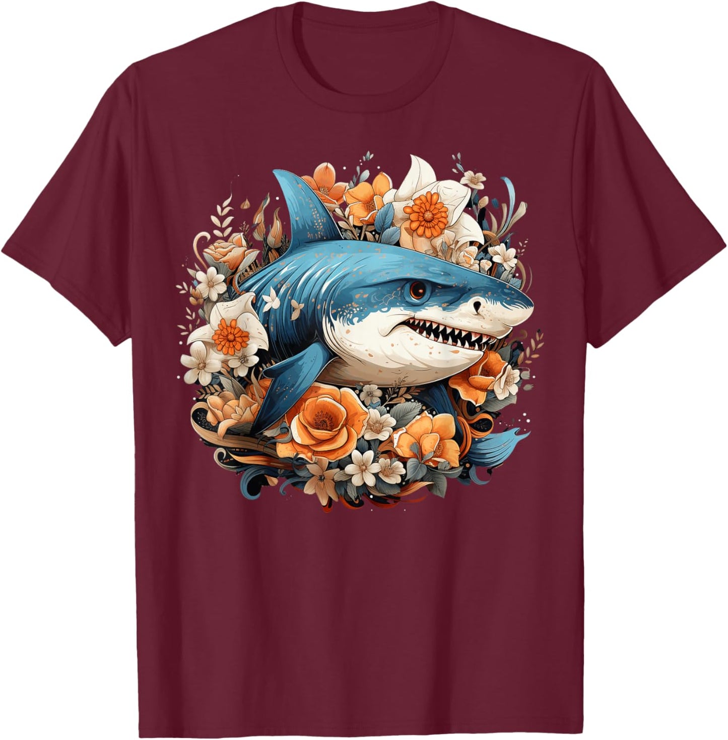 Shark Flowers T-Shirt - T-Shirt | Maroon