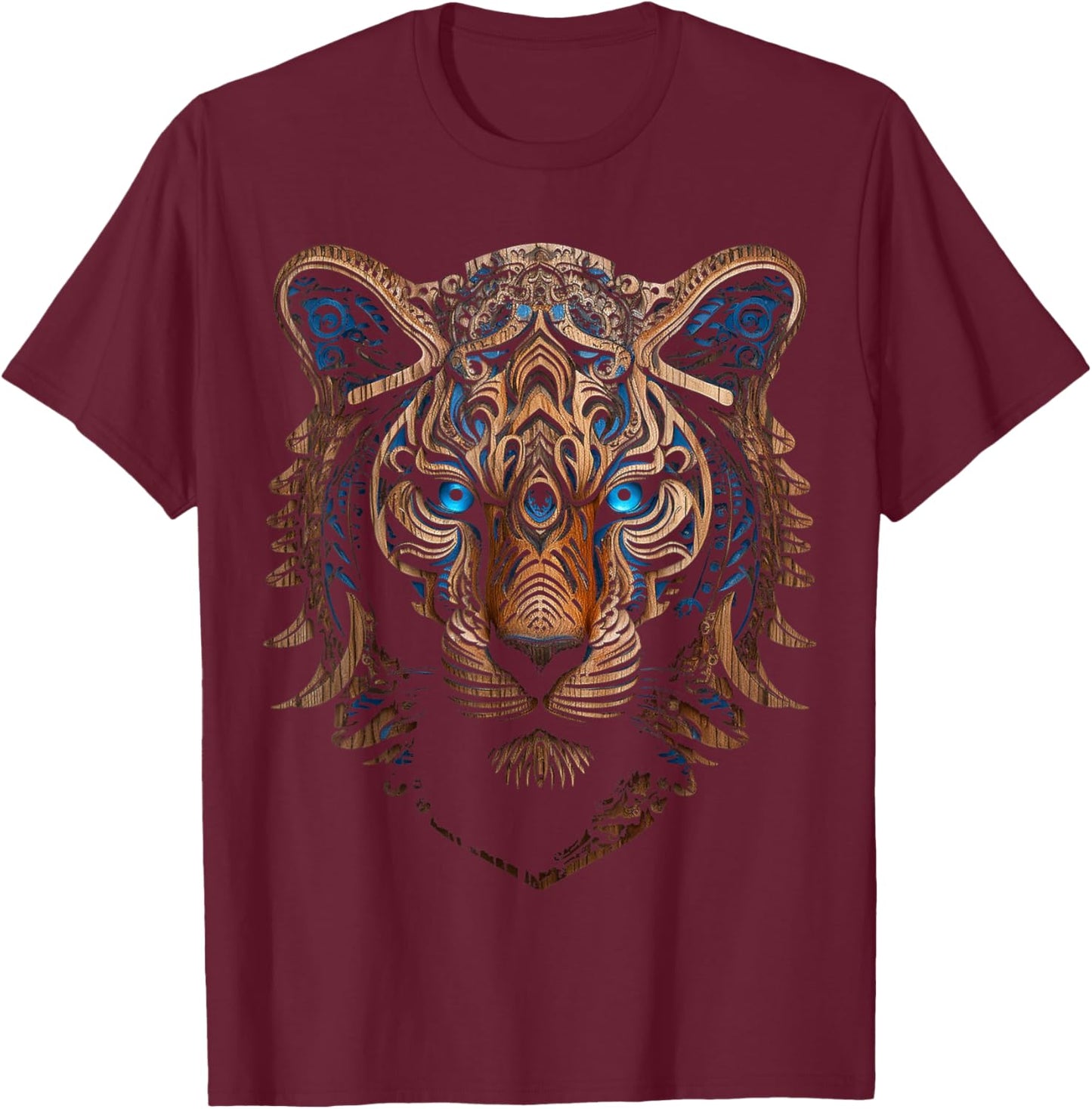 Tiger Sculpture Blue Eyes Animal Art Portrait Graphic Tiger T-Shirt - T-Shirt | Maroon