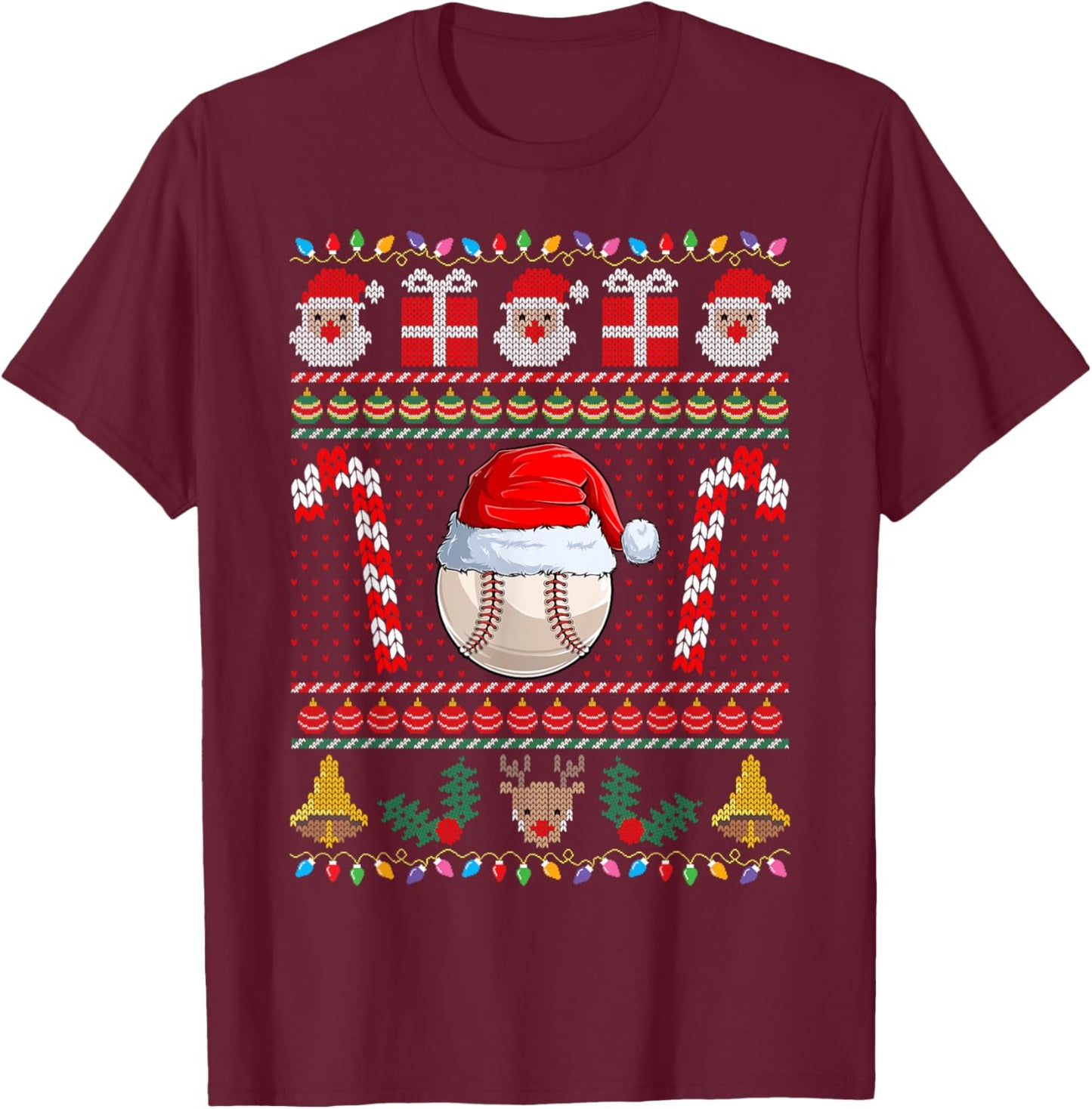 Baseball Christmas Santa Ugly Sweater Holiday Pajama T-Shirt - T-Shirt | Maroon