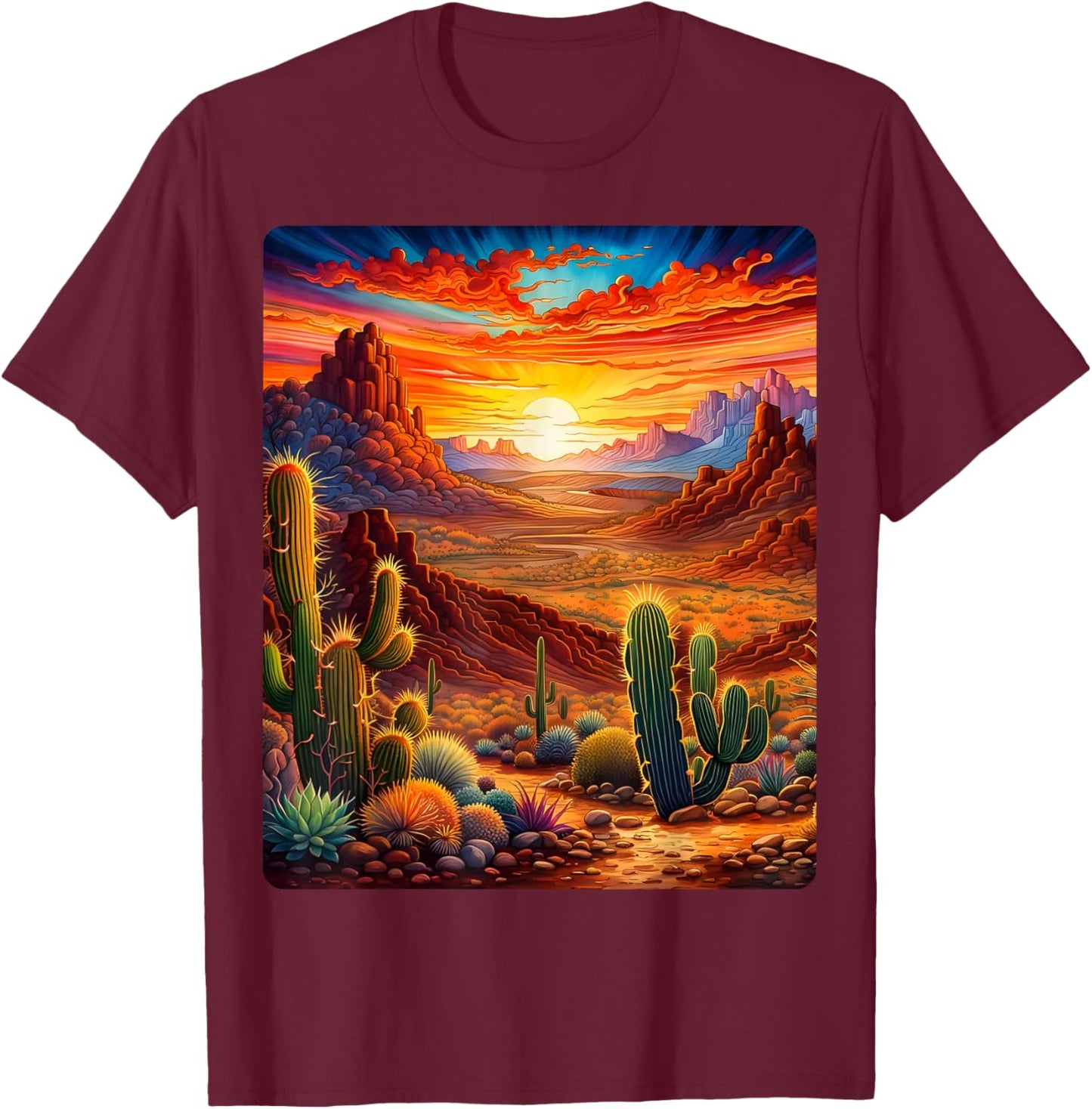 Valley Desert Sunset Sunrise Cactus Mountains Nature Clouds T-Shirt - T-Shirt | Maroon