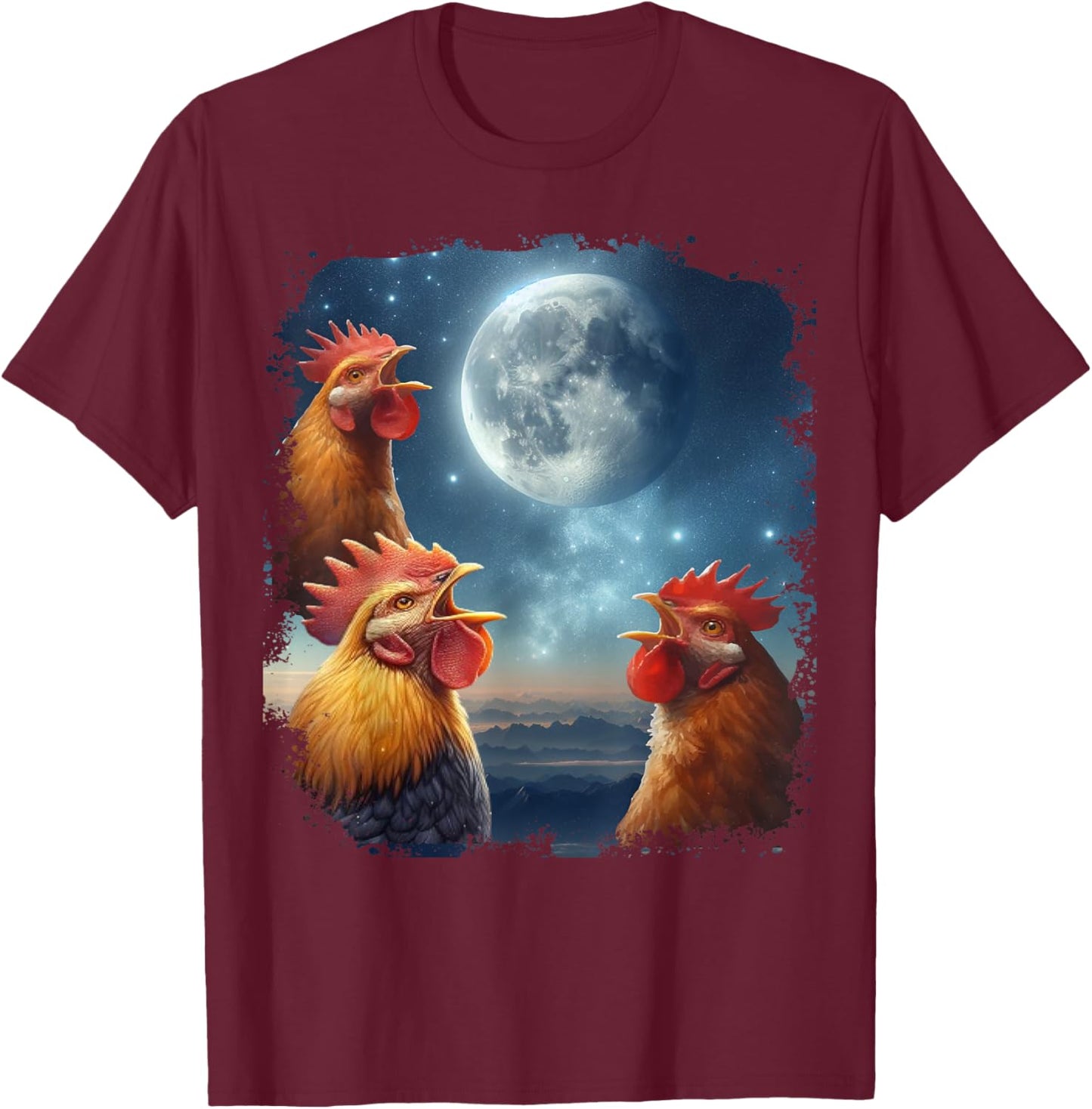 3 Chicken Moon, Funny 3 Chicken Howling Like Wolves T-Shirt - T-Shirt | Maroon