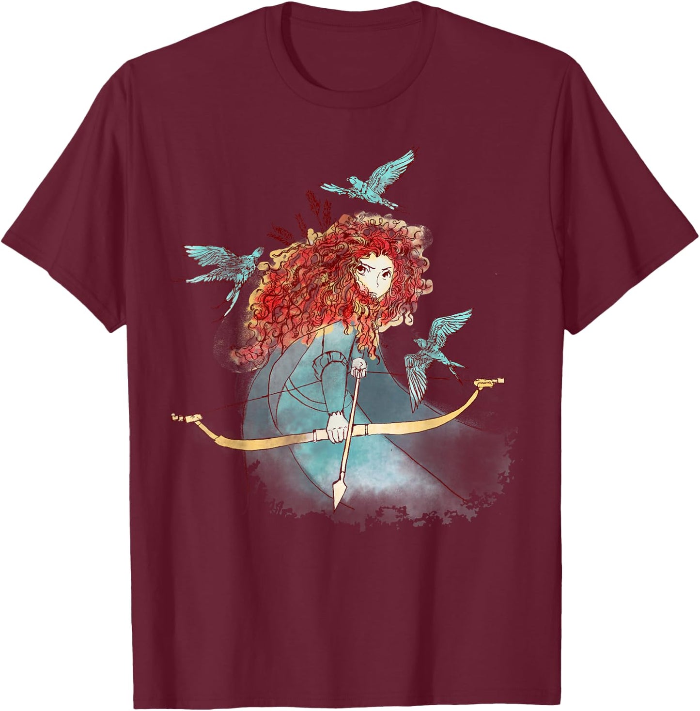 Disney Brave Merida Watercolor Sketch Portrait T-Shirt - T-Shirt | Maroon