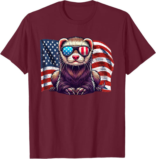 Ferret Pets Lovers Patriotic America Flag Sunglasses Vintage T-Shirt - T-Shirt | Maroon