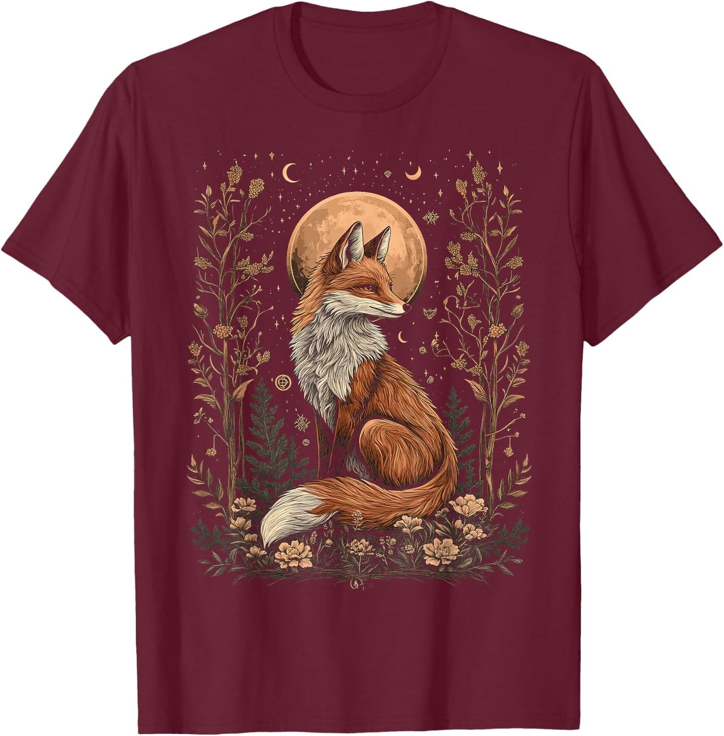 Mystic Moon and Moonphase Fox Mystical Flowers Aesthetic T-Shirt - T-Shirt | Maroon