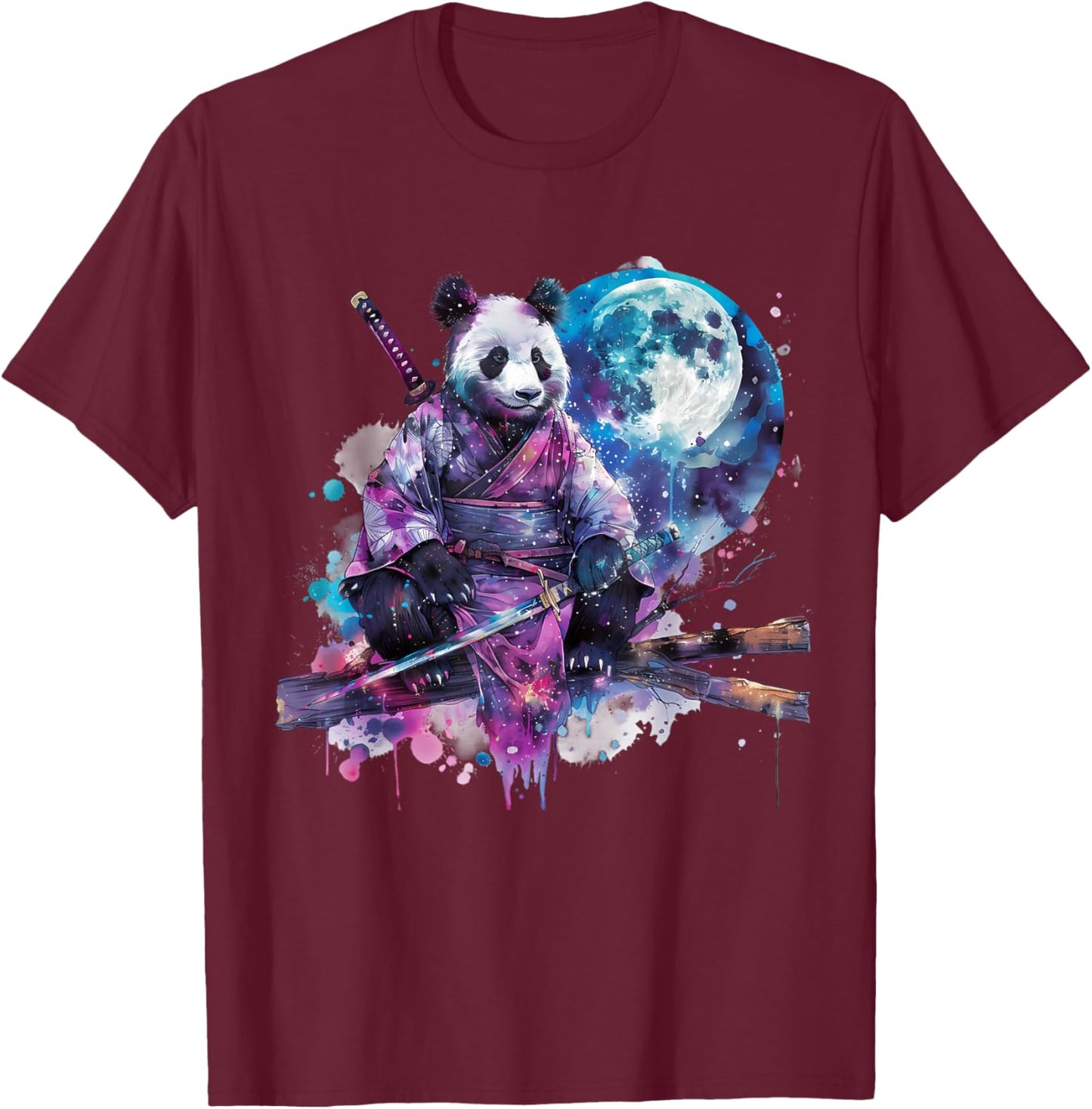 Samurai Panda Bear Japanese Samurai Panda Watercolor Artwork T-Shirt - T-Shirt | Maroon