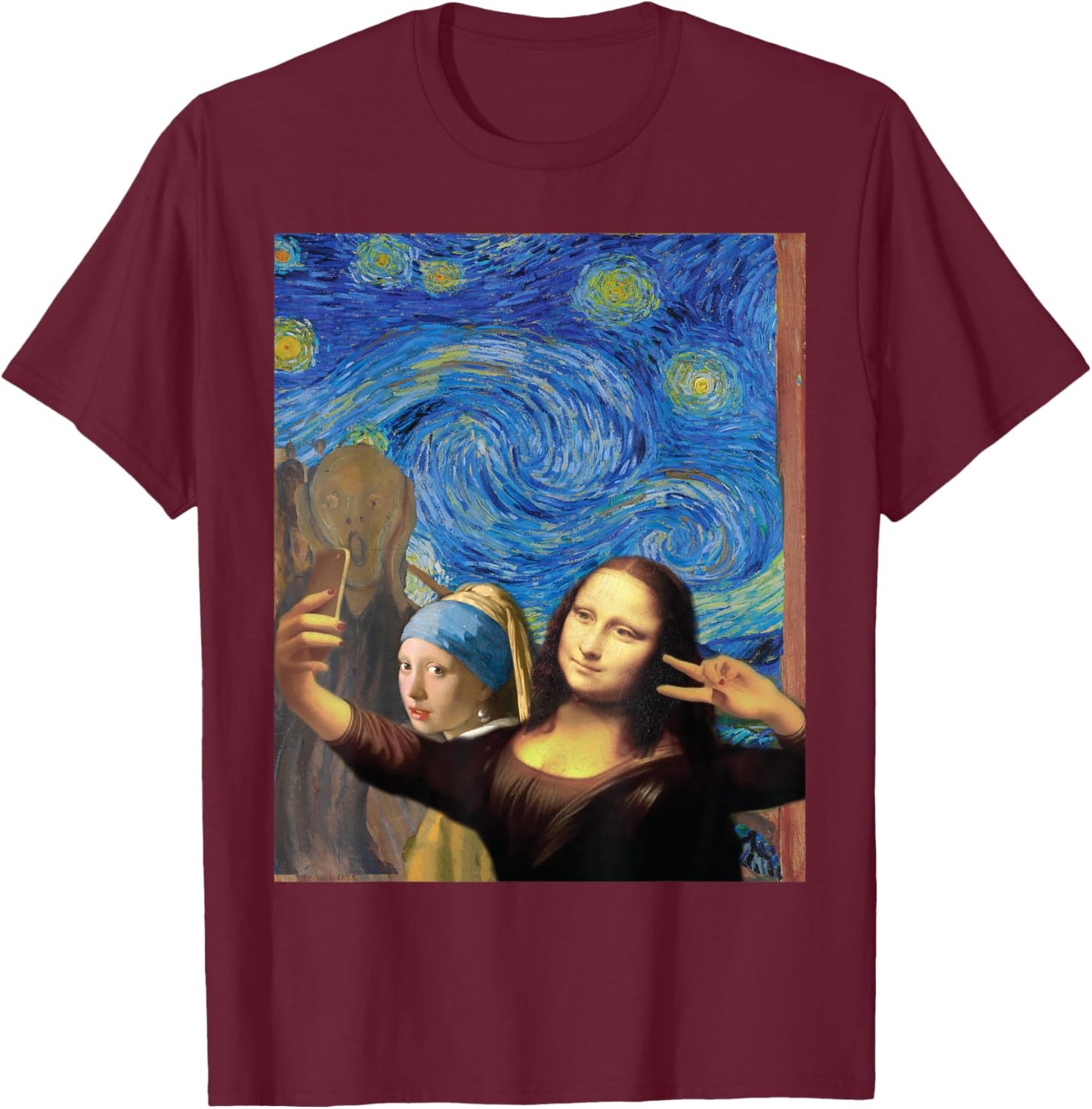Funny Mona Lisa Selfie T-Shirt - T-Shirt | Maroon