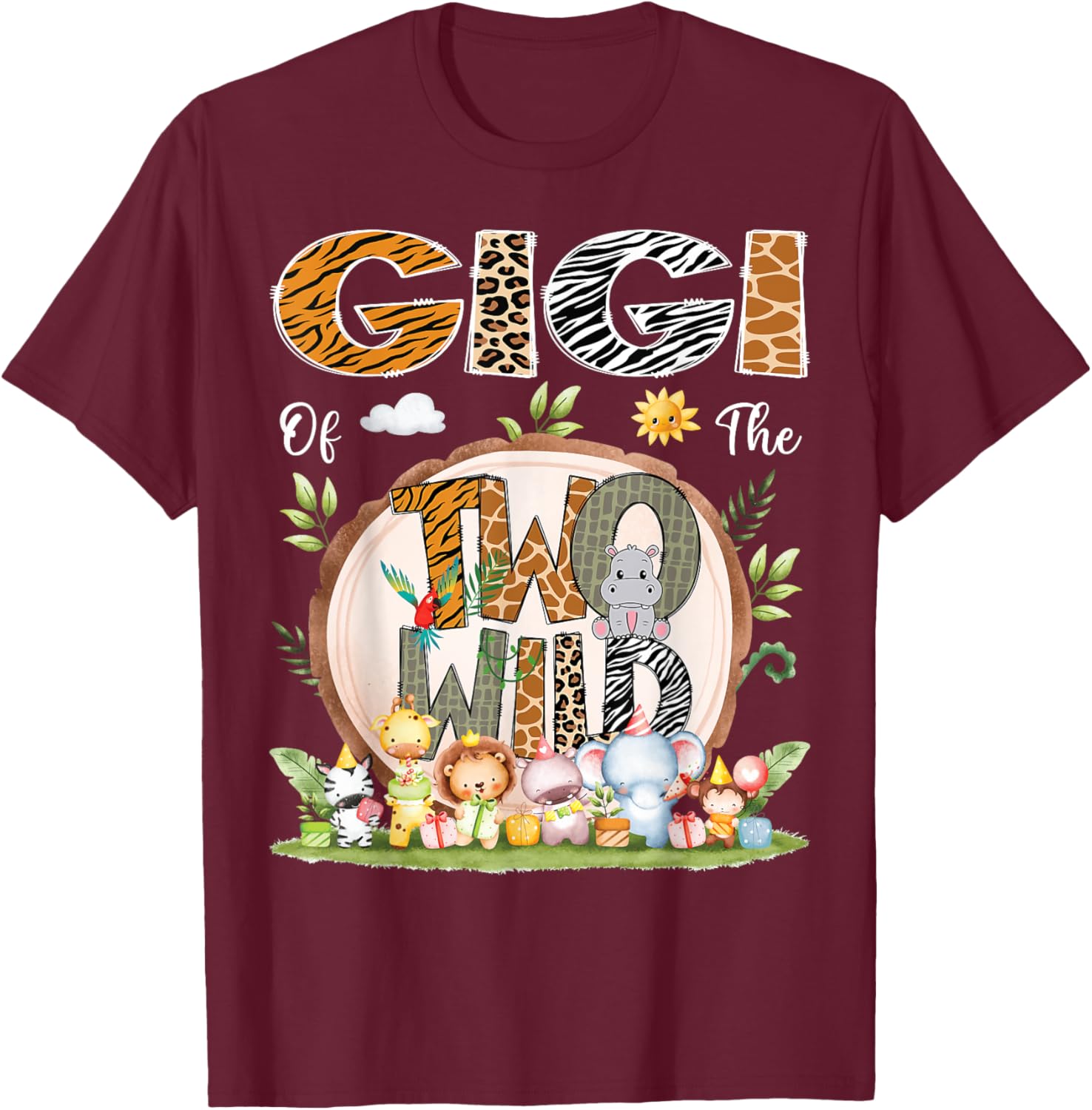 Gigi Of The Two Wild Animal Safari 2Nd Birthday Party T-Shirt - T-Shirt | Maroon