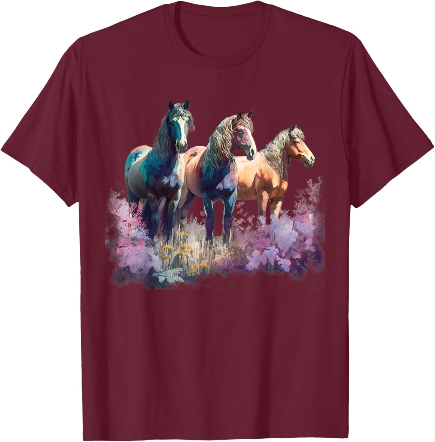 Horses Flowers Wild Mane Boho Western Southern Cowgirl T-Shirt - T-Shirt | Maroon