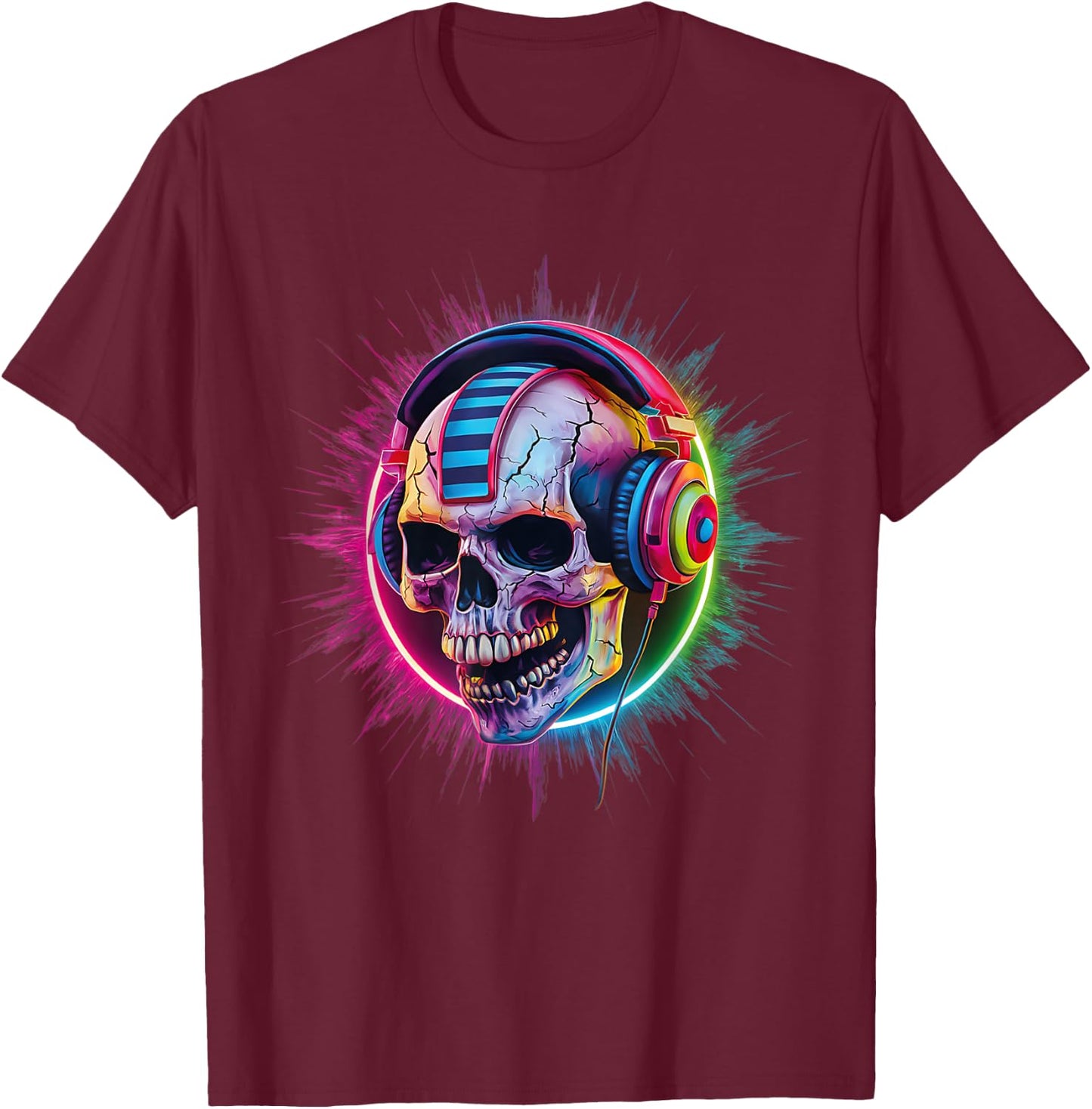 Skull Wearing Headphones Gamer Skeleton Gaming Graffiti T-Shirt - T-Shirt | Maroon