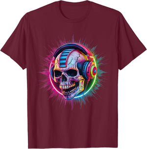 Skull Wearing Headphones Gamer Skeleton Gaming Graffiti T-Shirt - T-Shirt | Maroon