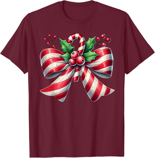 Cute Bow Candy Cane Coquette Christmas T-Shirt - T-Shirt | Maroon