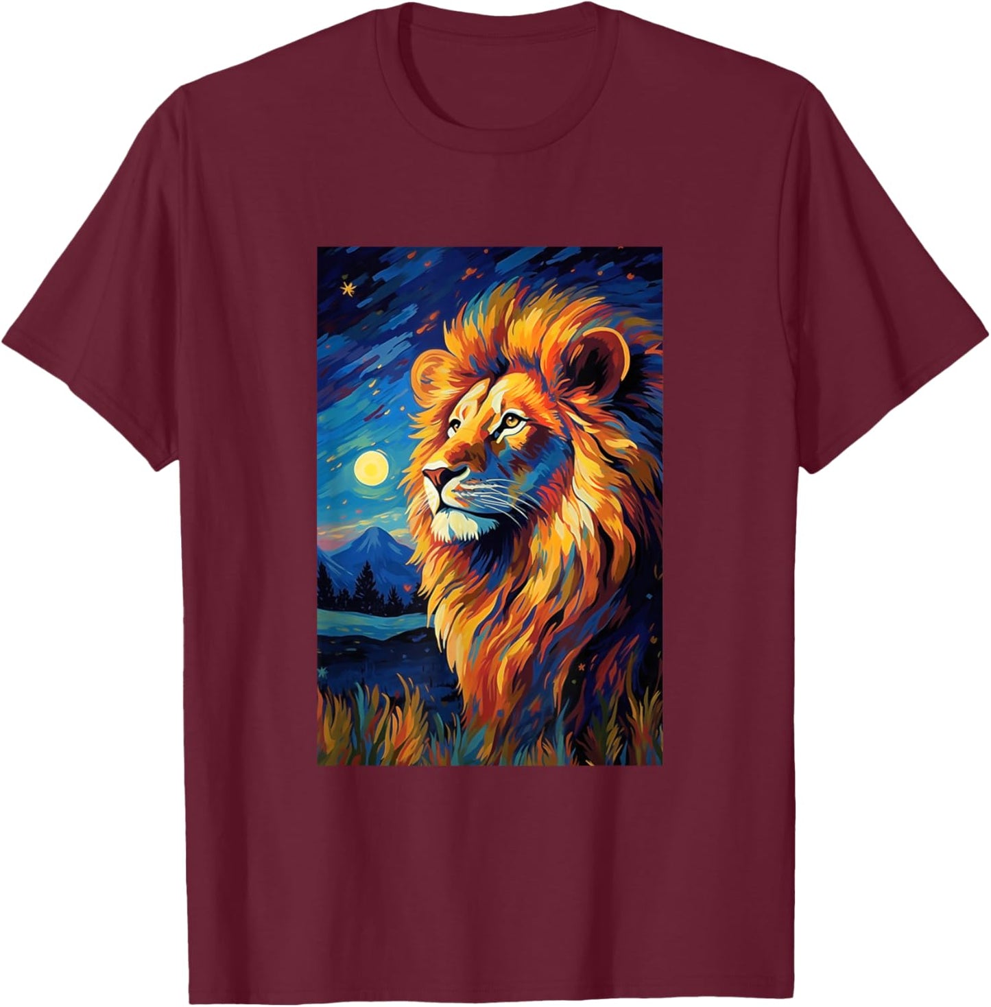Lion Africa Van Gogh Style Starry Night Graphic T-Shirt - T-Shirt | Maroon
