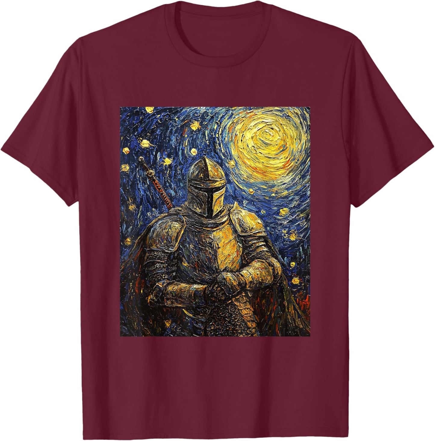 Knight Medieval Van Gogh Style Starry Night Graphic T-Shirt - T-Shirt | Maroon