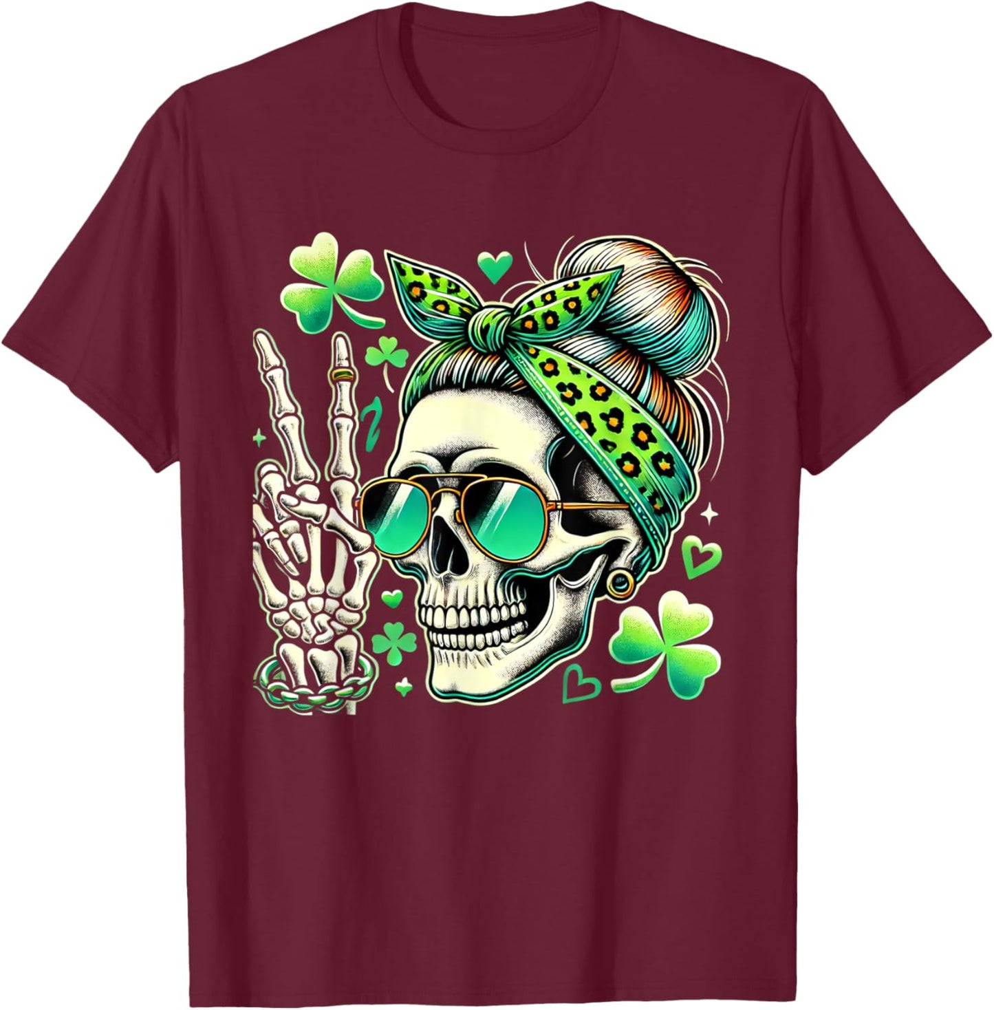 St Patricks Day Skull Messy Bun Saint Pattys Paddys Women T-Shirt - T-Shirt | Maroon