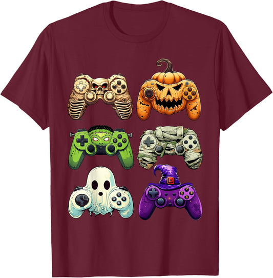 Halloween Skeleton Zombie Gaming Controllers Mummy Boys Kids T-Shirt - T-Shirt | Maroon
