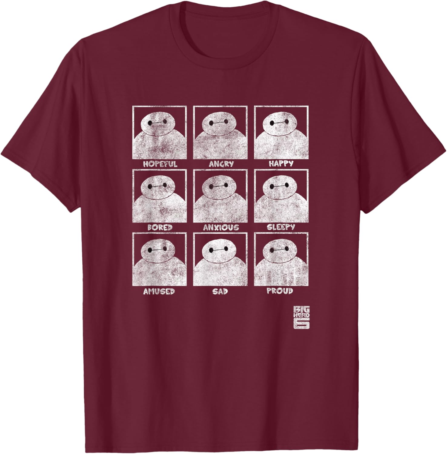 Disney Big Hero 6 Baymax Many Emotions Panels Distressed T-Shirt - T-Shirt | Maroon