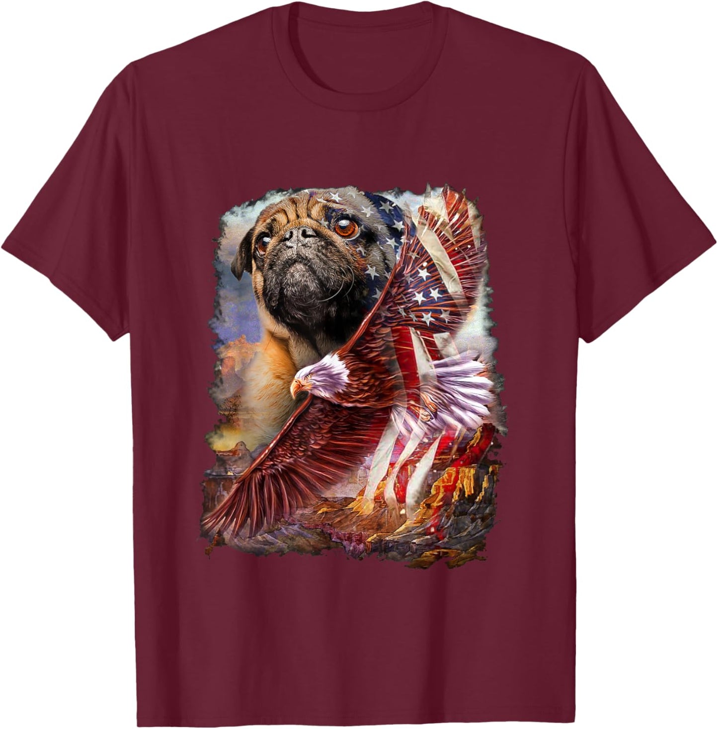 Pug with bald eagle american flag T-Shirt - T-Shirt | Maroon