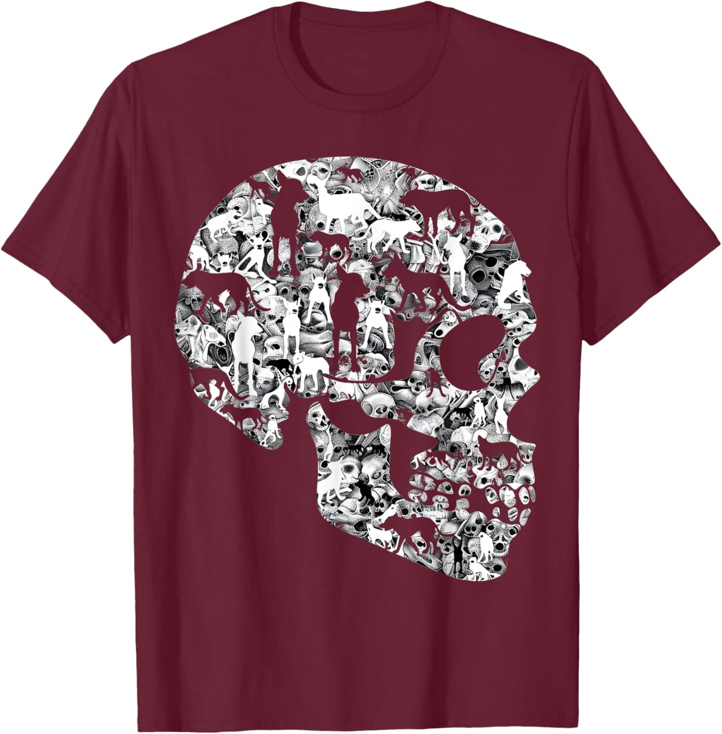 Distinctive dog skull design for those who love nerves , Black, S T-Shirt - T-Shirt | Maroon