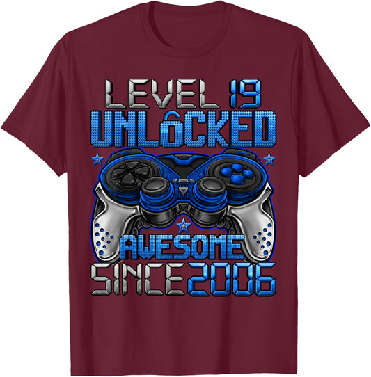Level 19 Unlocked 19 Year Old Gifts Boys 19th Birthday Boy T-Shirt - T-Shirt | Maroon