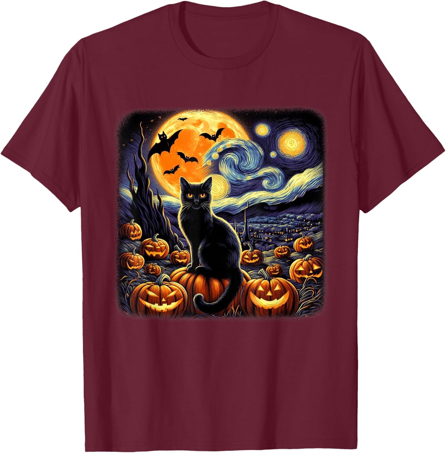 Van Gogh Cat Starry Night Cat Halloween Pumpkin Cat Lovers T-Shirt - T-Shirt | Maroon
