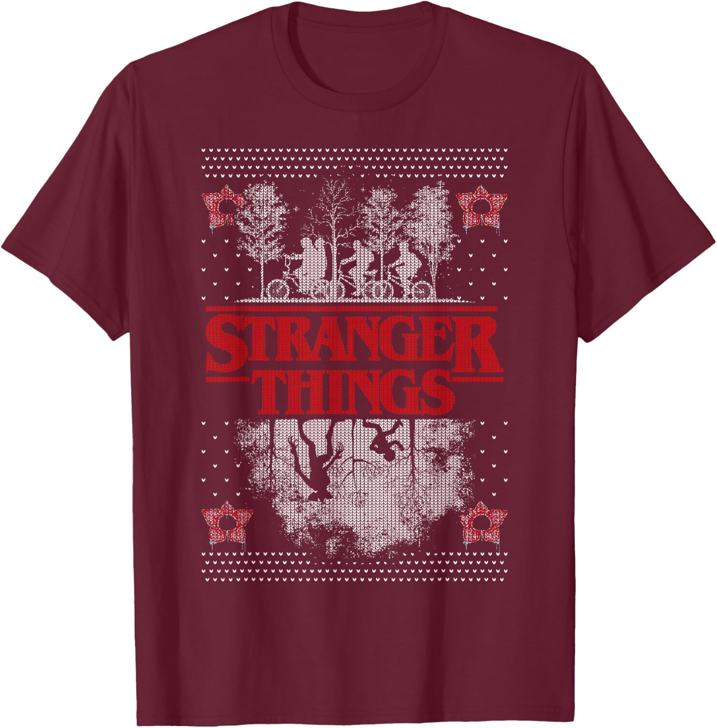 Netflix Stranger Things Ugly Christmas Sweater Style T-Shirt - T-Shirt | Maroon