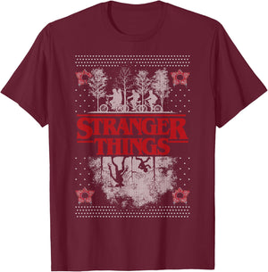 Netflix Stranger Things Ugly Christmas Sweater Style T-Shirt - T-Shirt | Maroon