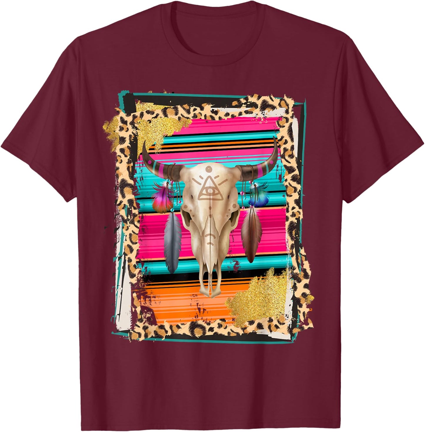 BOHO COW - Leopard Cow Pattern Serape Print Cowgirl Rodeo T-Shirt - T-Shirt | Maroon