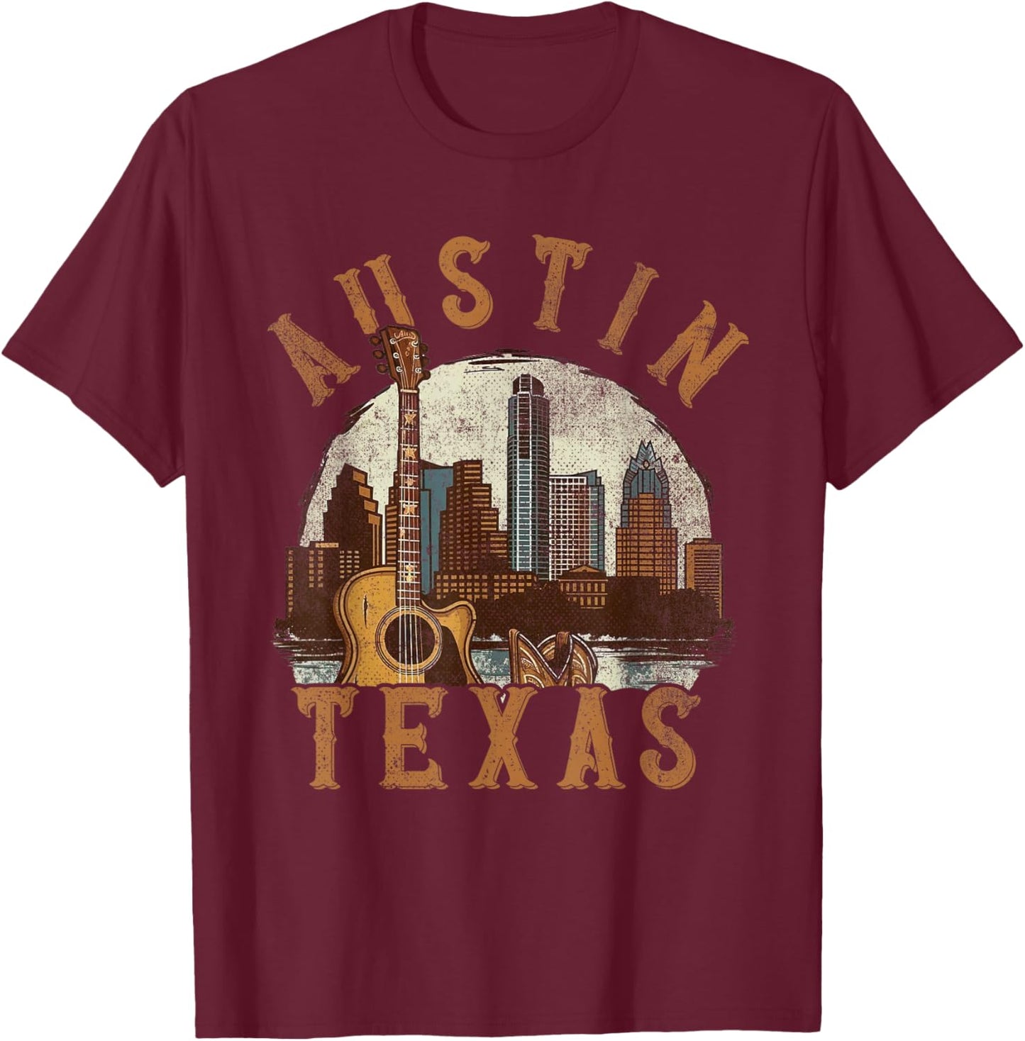 Austin Texas TX | Guitar Skyline T-Shirt - T-Shirt | Maroon