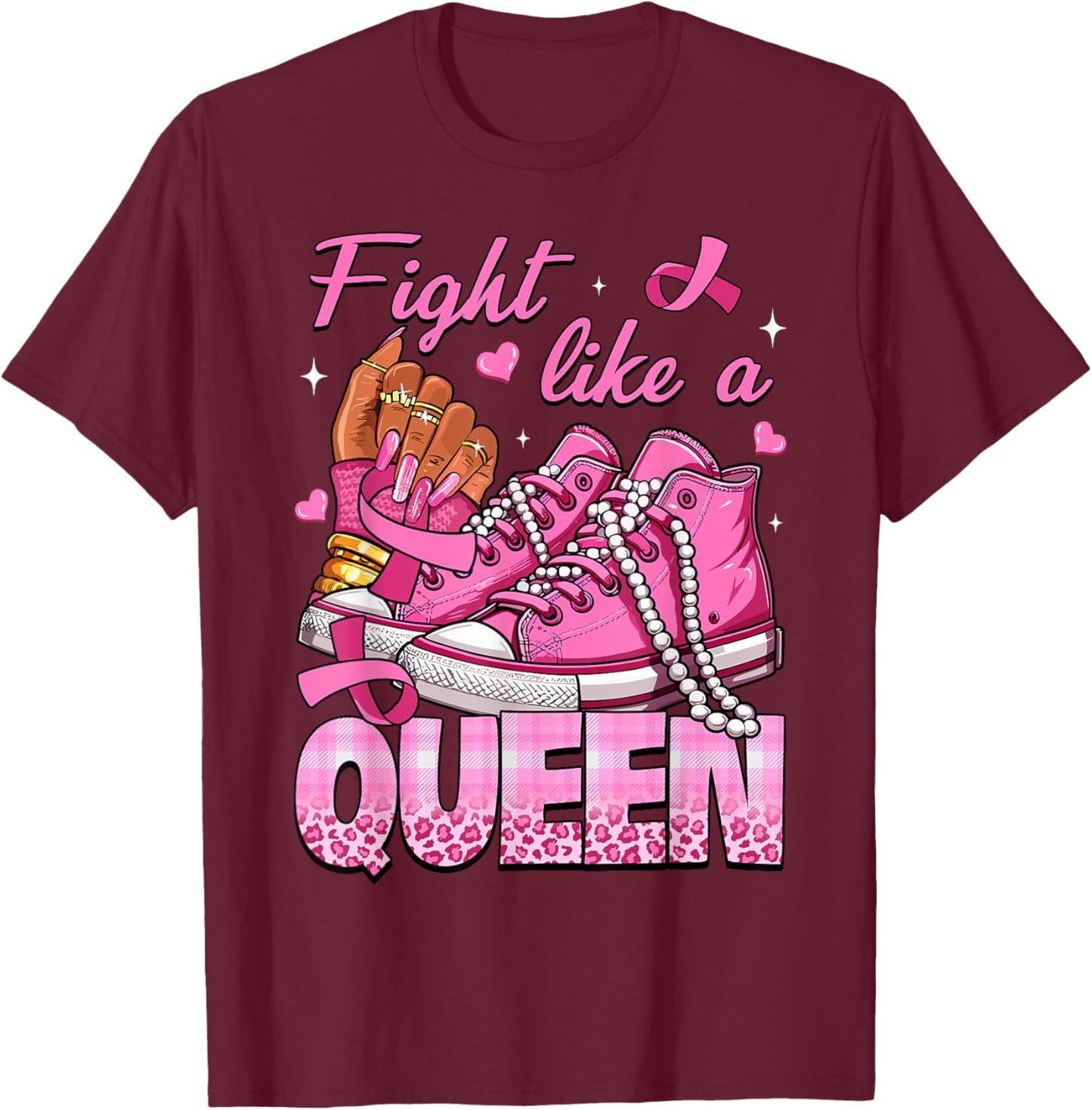 Fight Like A Queen Women Girl Sneakers Breast Cancer Warrior T-Shirt - T-Shirt | Maroon