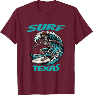 Surf Texas Cowboy Skeleton Surfing Radical Texan Waves Yeeha T-Shirt - T-Shirt | Maroon