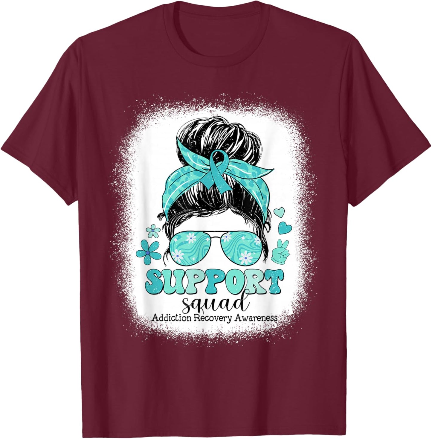 Groovy Support Squad Messy Bun Addiction Recovery Awareness T-Shirt - T-Shirt | Maroon