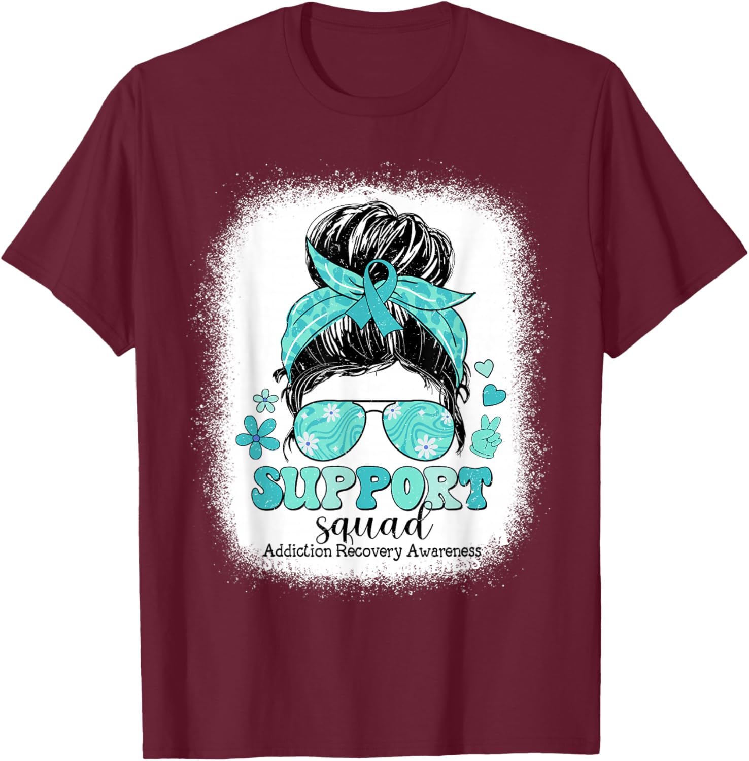 Groovy Support Squad Messy Bun Addiction Recovery Awareness T-Shirt - T-Shirt | Maroon