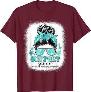 Groovy Support Squad Messy Bun Addiction Recovery Awareness T-Shirt - T-Shirt | Maroon