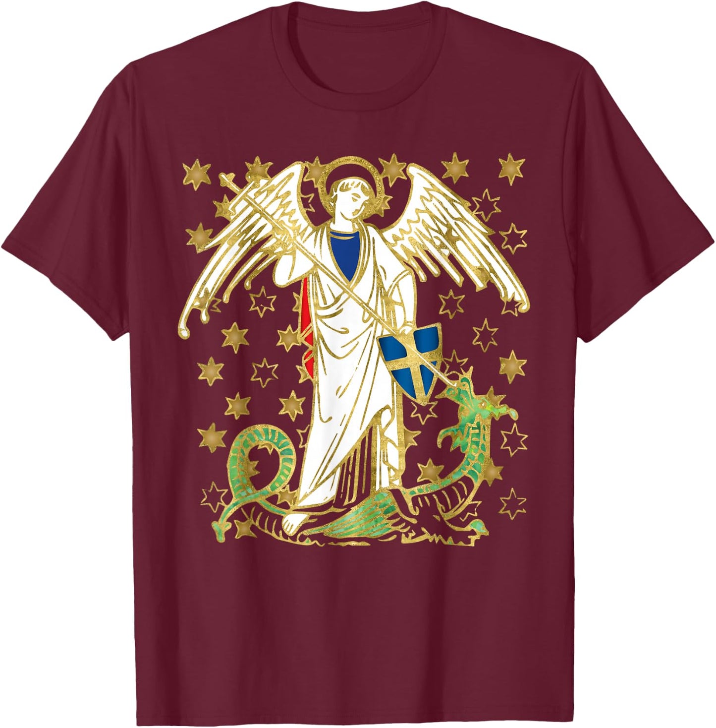 St. Michael the Archangel Icon Dragon Catholic Angel Vintage T-Shirt - T-Shirt | Maroon