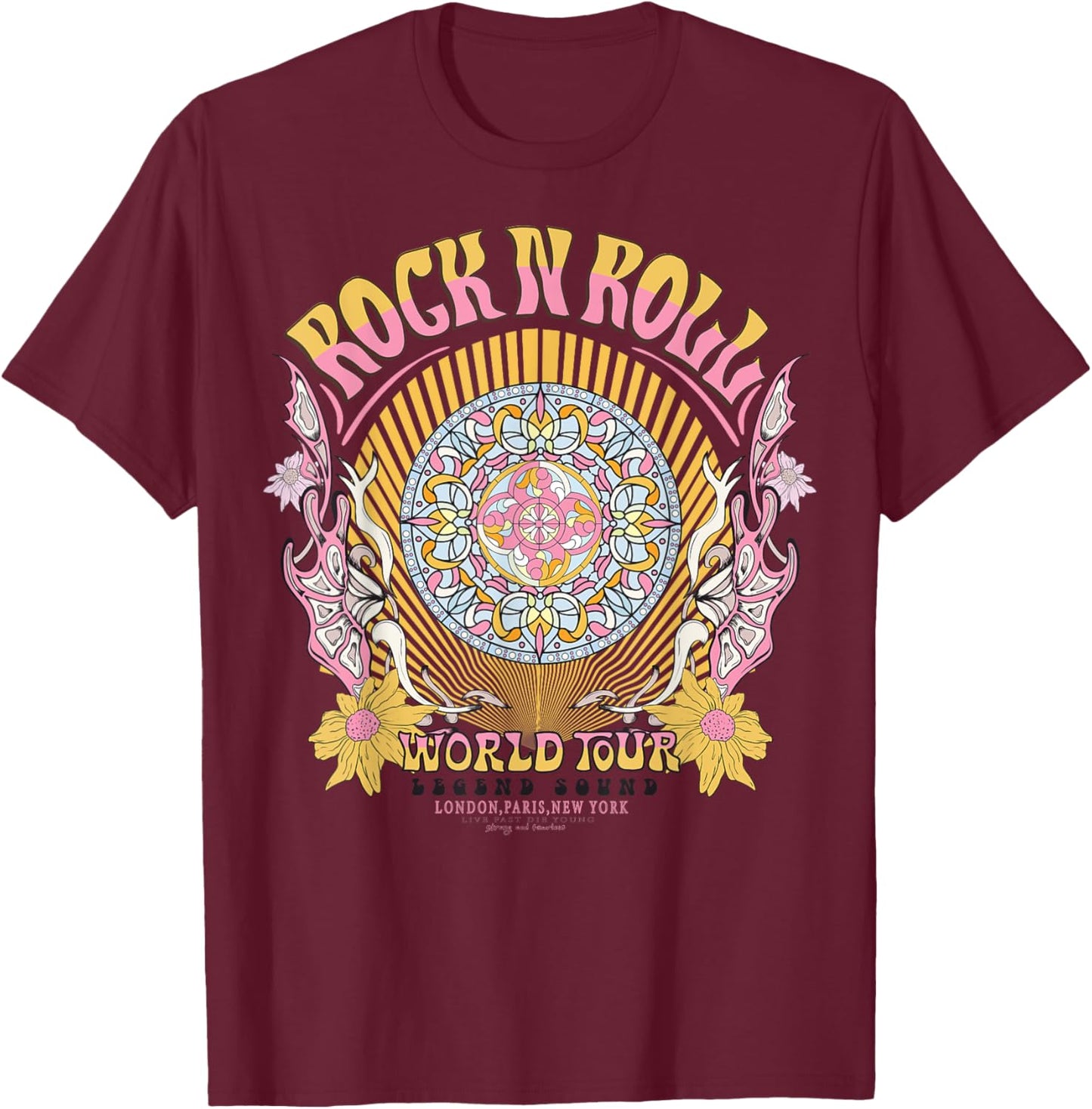 Vintage Retro Aztec Round Motif Mandala Flower Rock & Roll T-Shirt - T-Shirt | Maroon