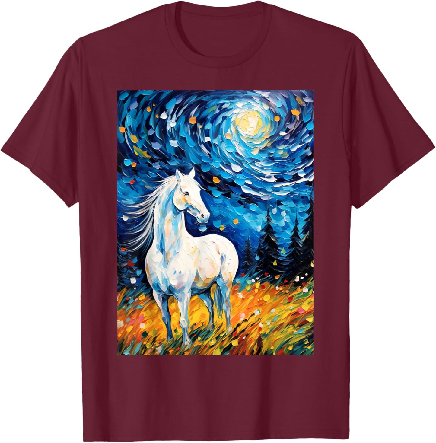White Horse in Starry Night Van Gogh Horses Lover T-Shirt - T-Shirt | Maroon