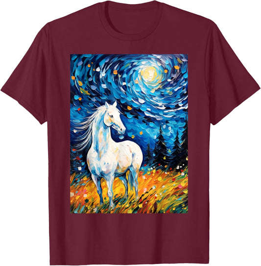 White Horse in Starry Night Van Gogh Horses Lover T-Shirt - T-Shirt | Maroon