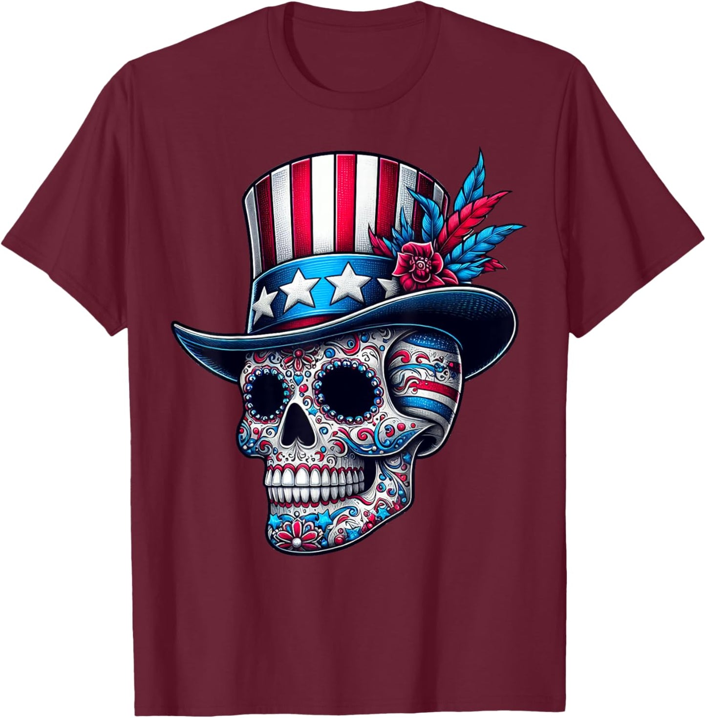 Independence Day USA Patriot Skull 4th of July Sugar Skull T-Shirt - T-Shirt | Maroon
