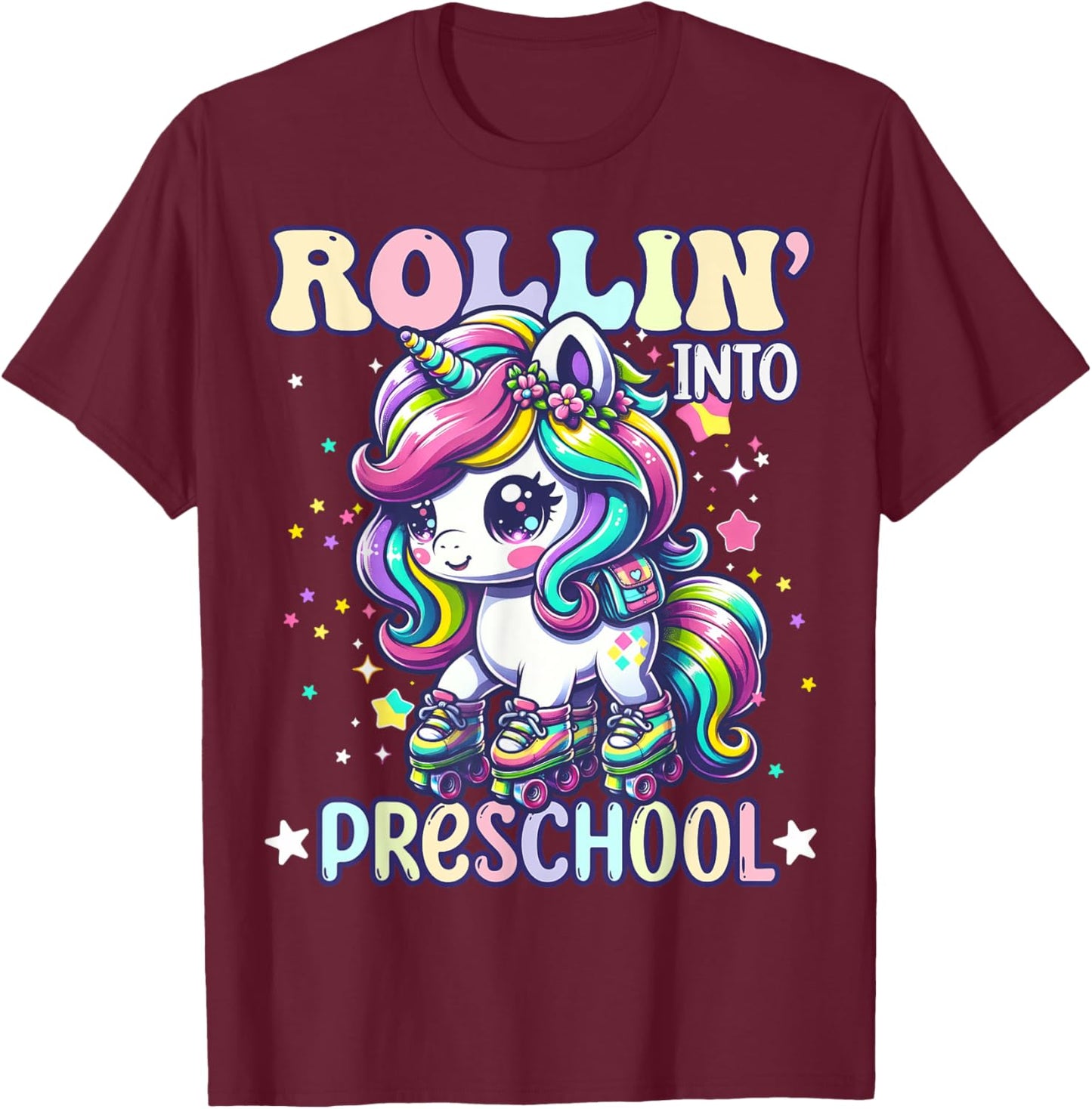 Preschool Back To School First Day Girls PreK Rollin Unicorn T-Shirt - T-Shirt | Maroon