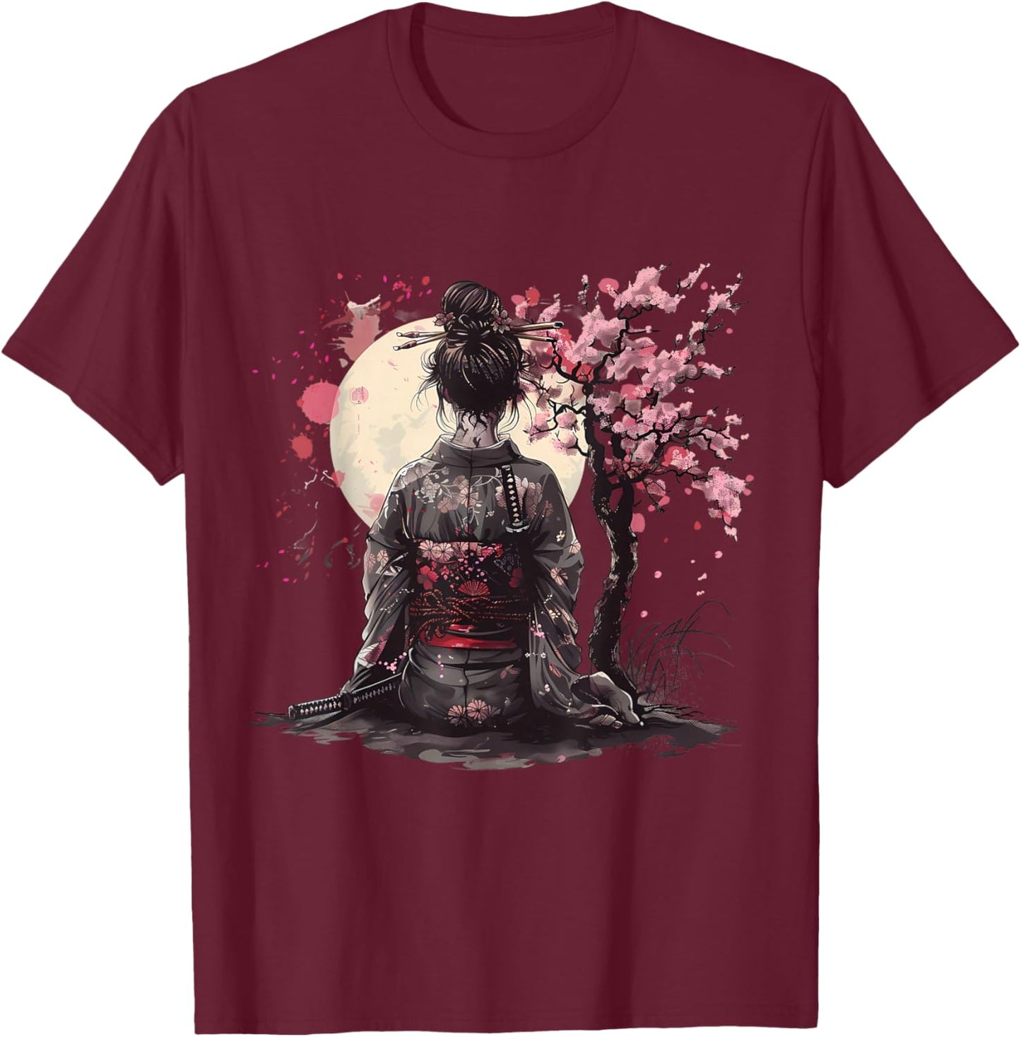 Japanese Samurai Girl Sakura Cherry Blossom Japanese Geisha T-Shirt - T-Shirt | Maroon