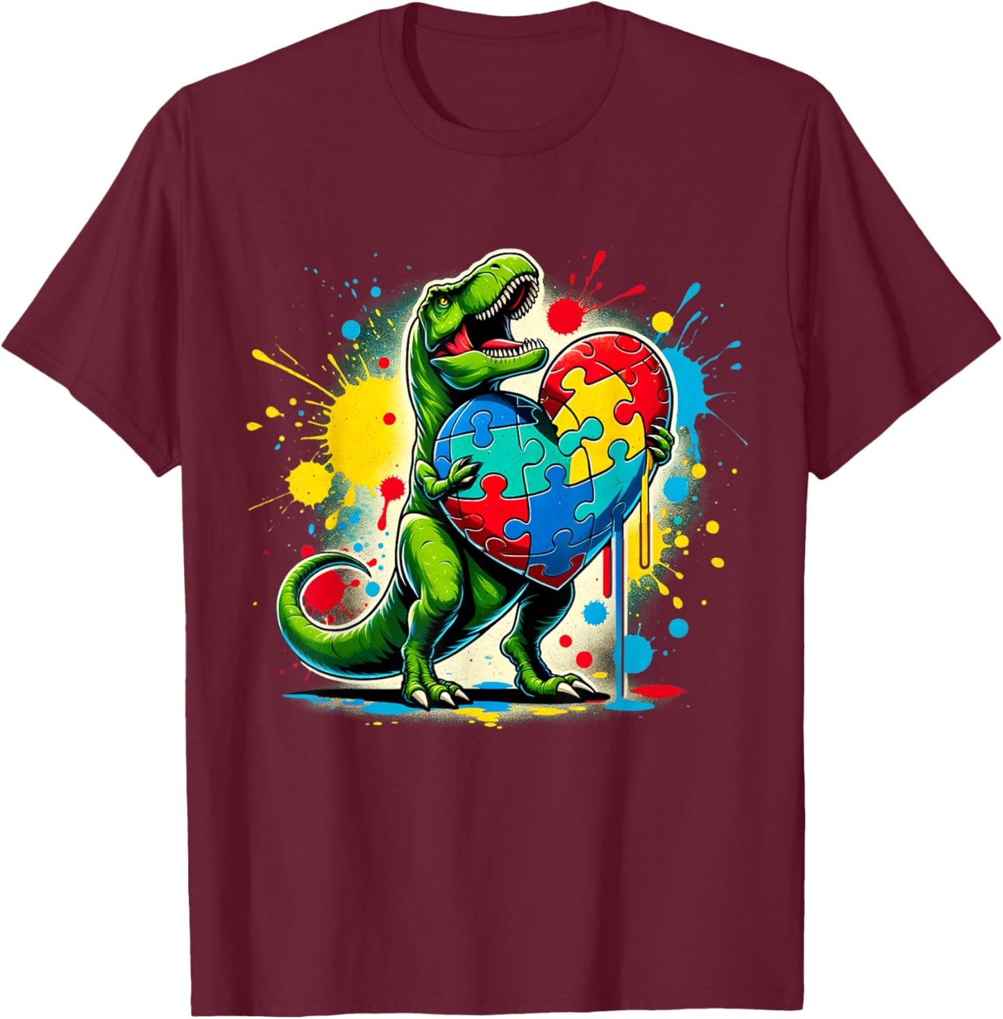 Boys Kids Autism Awareness Funny T Rex Dinosaur Puzzle Piece T-Shirt - T-Shirt | Maroon