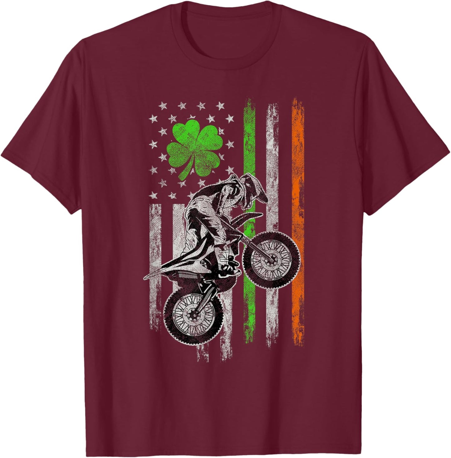 Motocross American Irish Flag St Patricks Day Dirt Bike T-Shirt - T-Shirt | Maroon