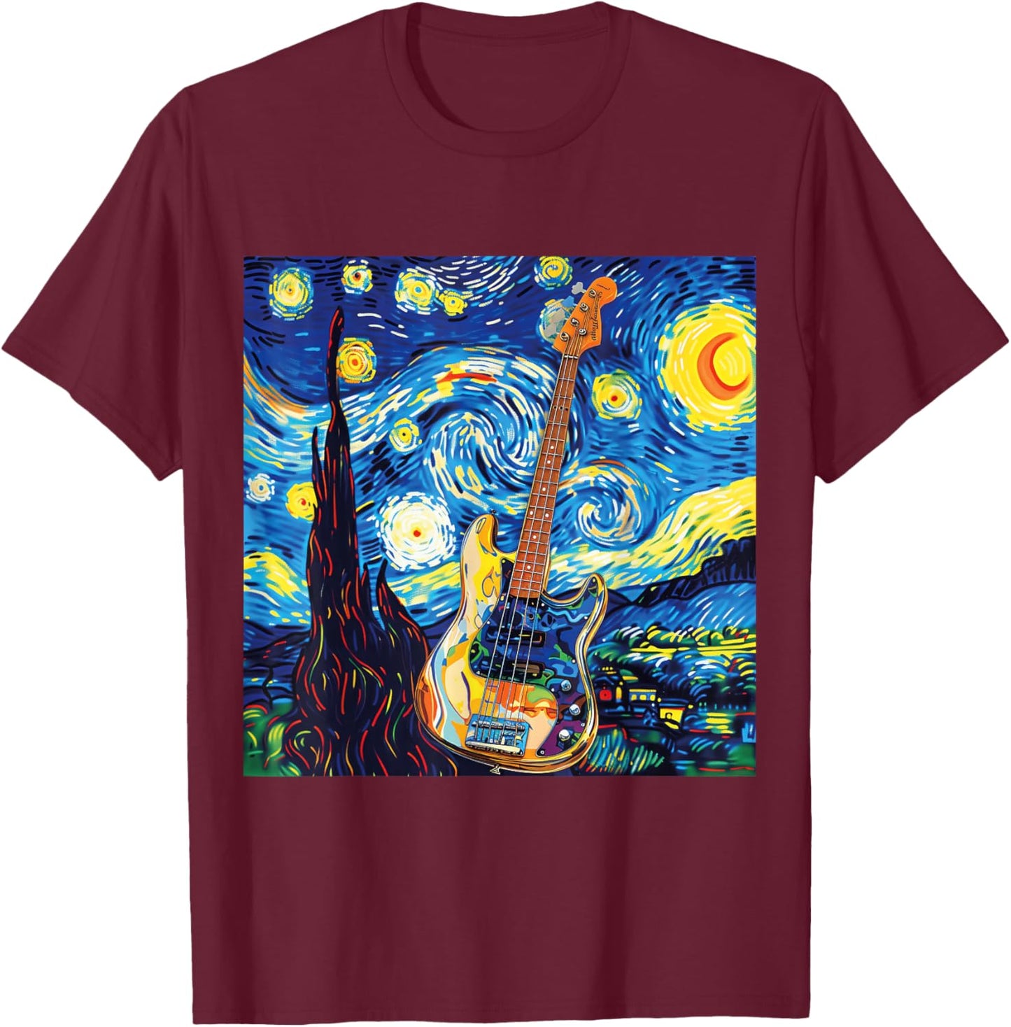 Melodic Starry Night Bass Guitar Inspiration T-Shirt - T-Shirt | Maroon