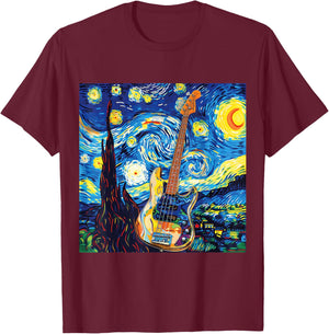 Melodic Starry Night Bass Guitar Inspiration T-Shirt - T-Shirt | Maroon
