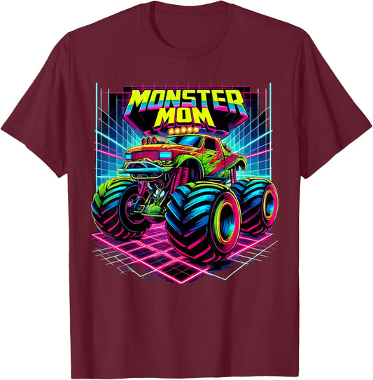 Monster Truck Mom Birthday Party Retro Monster Trucks T-Shirt - T-Shirt | Maroon
