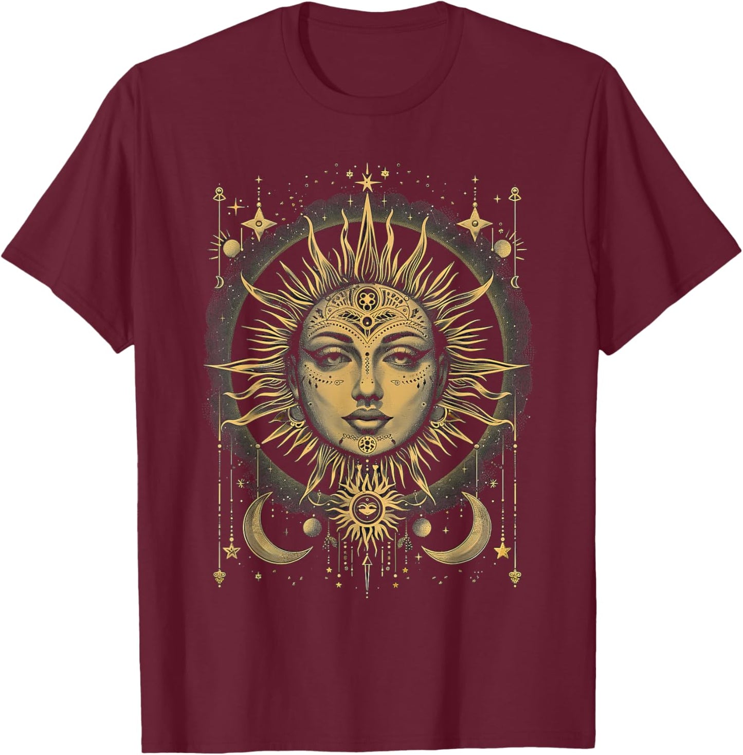 Mystic Sun and Moon Woman Mystical Flowers Aesthetic T-Shirt - T-Shirt | Maroon
