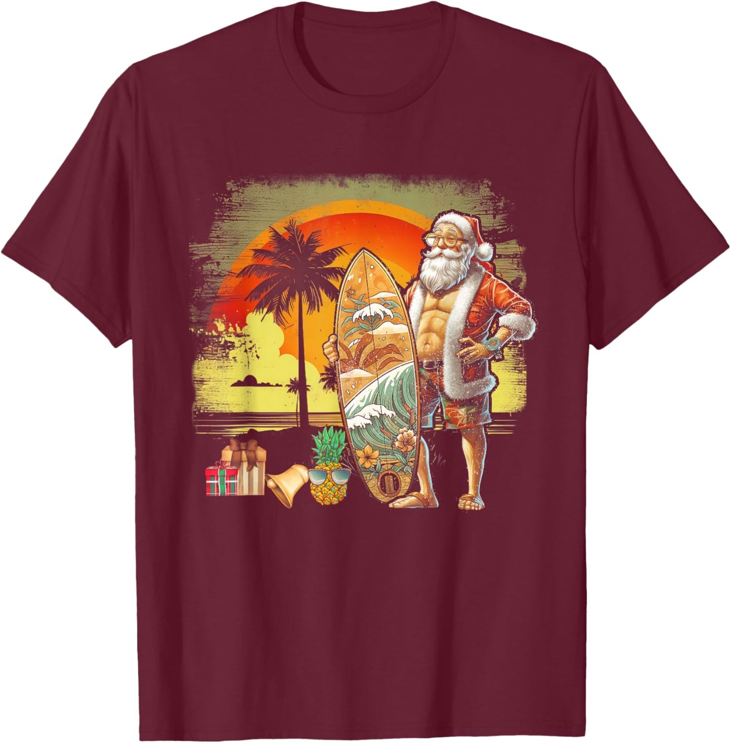 Tropical Summer Surfing Santa Claus 6 Pack Christmas In July Men Women T-Shirt - T-Shirt | Maroon