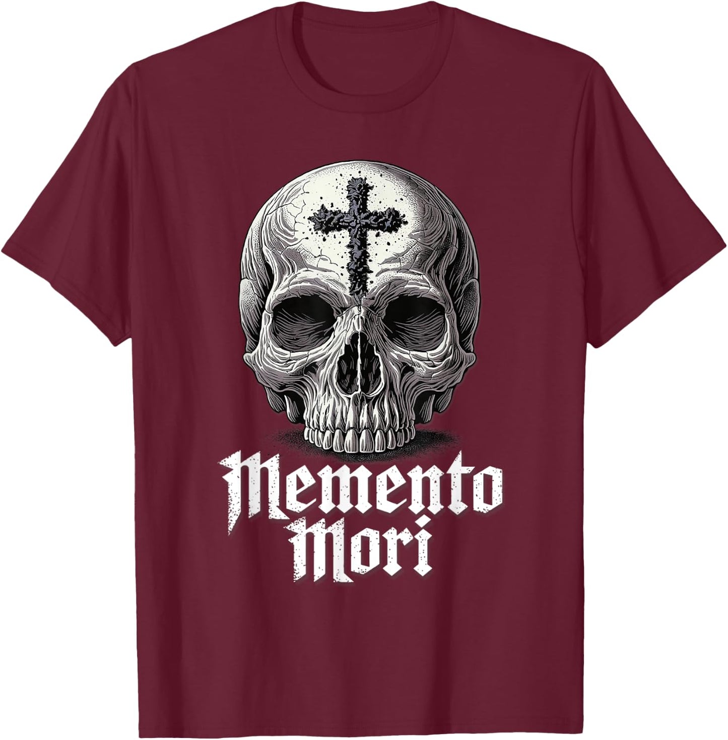 Memento Mori Catholic Crucifix Traditional Latin Mass Skull T-Shirt - T-Shirt | Maroon